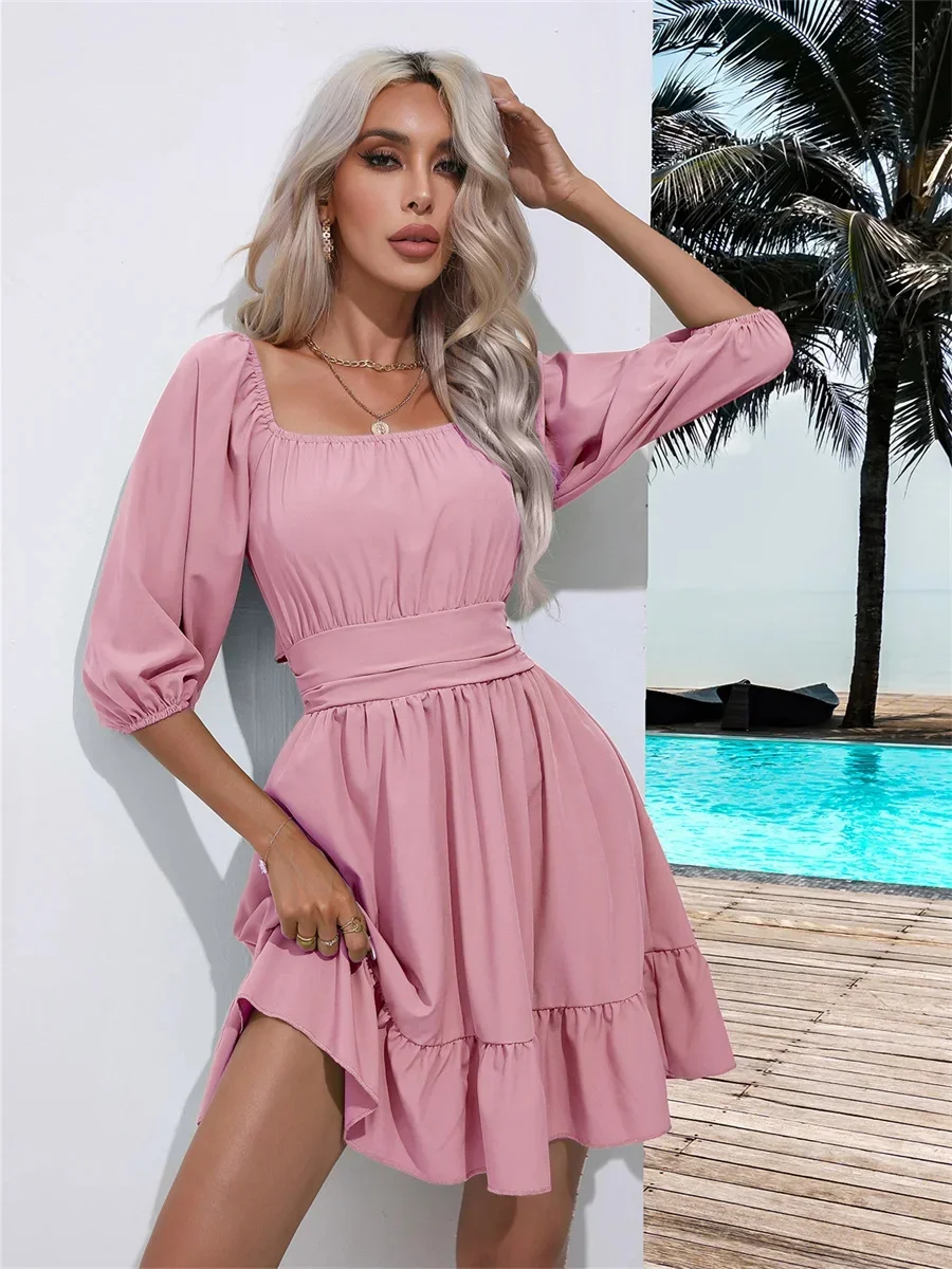 Woman Spring Summer Beach Style Pleated Dress Lady Casual Half Puff Sleeve Square Collar Mini Dress Vestidos
Woman Spring Summer Beach Style Pleated Dress Lady Casual Half Puff Sleeve Square Collar Mini Dress Vestidos