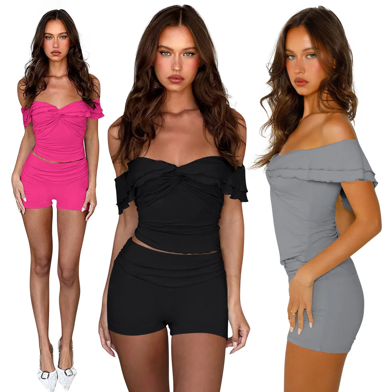 Women'S Set Summer Milk Silk Solid Color Sexy Girl Bodycon Off-The-Shoulder Pleated Crop Top And Short Set Women Two Piece Set
Women'S Set Summer Milk Silk Solid Color Sexy Girl Bodycon Off-The-Shoulder Pleated Crop Top And Short Set Women Two Piece Set