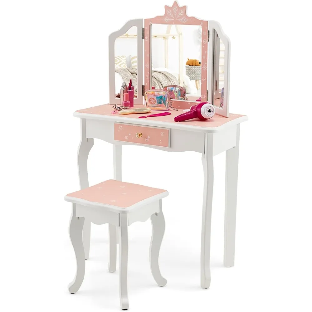 Kids Vanity, Snowflake Themed Princess Makeup Vanity Set for Little Girls, Real Glass Tri-Folding Mirror, Bedroom Dressing Tabl
Kids Vanity, Snowflake Themed Princess Makeup Vanity Set for Little Girls, Real Glass Tri-Folding Mirror, Bedroom Dressing Tabl