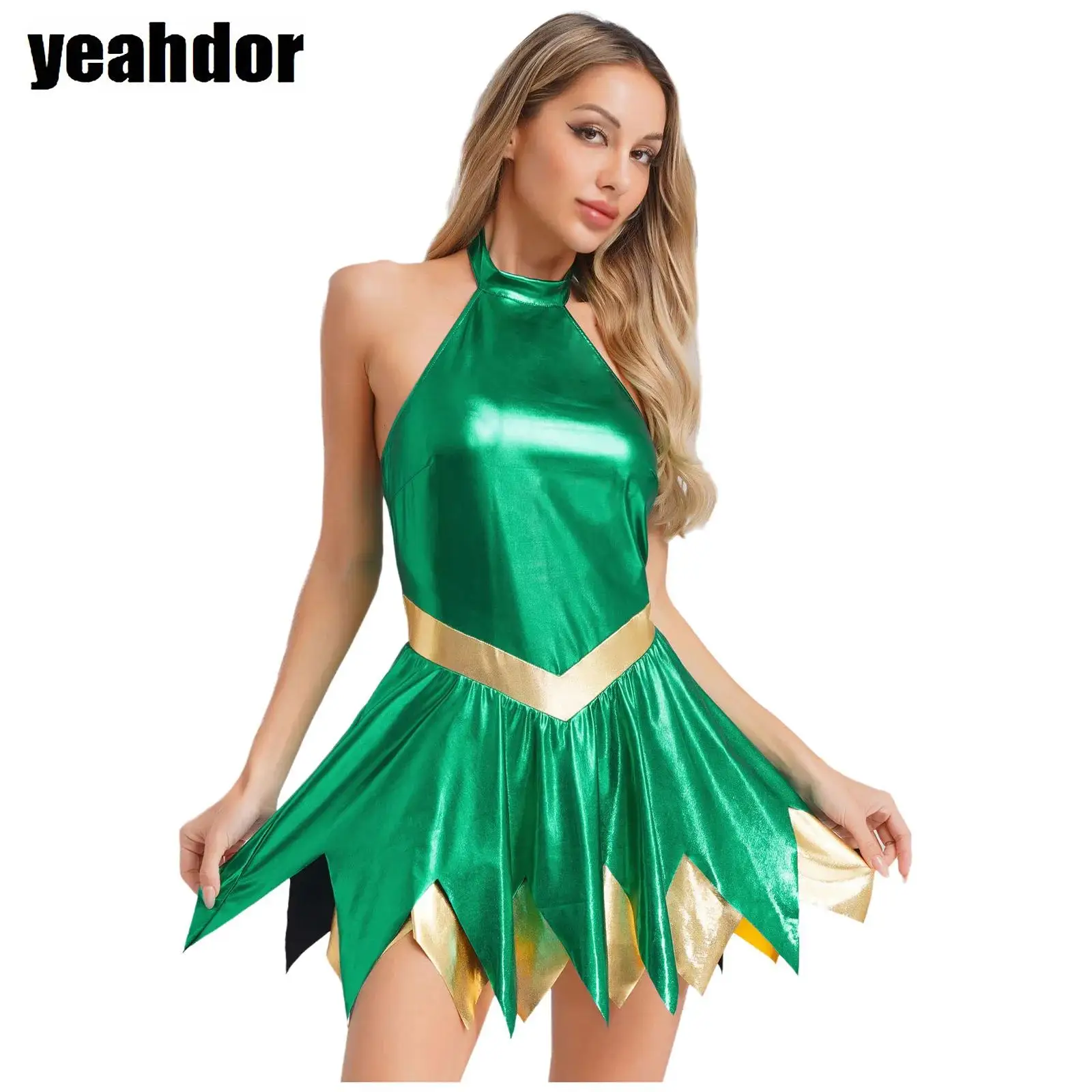 Women Fairy Tale Costume Metallic Shiny Sleeveless Irregular Hem Halter A-line Dress for Halloween Roleplay Fairy Fancy Dress Up
Women Fairy Tale Costume Metallic Shiny Sleeveless Irregular Hem Halter A-line Dress for Halloween Roleplay Fairy Fancy Dress Up