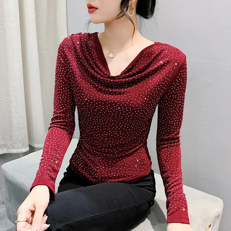 2024 New European Clothes Cotton Fall Winter T-Shirt Chic Sexy Heaps Collar Shiny Diamonds Women's Tops Long Sleeve Tees 49075
2024 New European Clothes Cotton Fall Winter T-Shirt Chic Sexy Heaps Collar Shiny Diamonds Women's Tops Long Sleeve Tees 49075