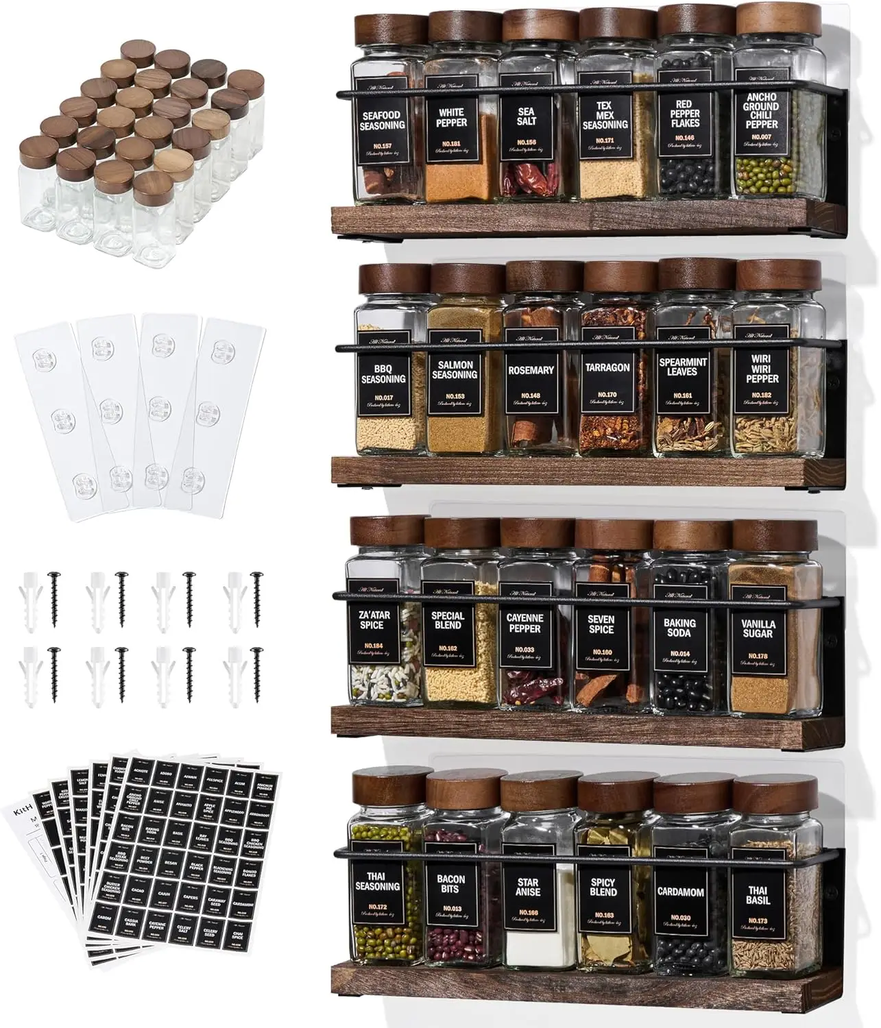 4-Tier Wall Mount Spice Rack with 24 Glass Jars, Labels & Funnel, Black Metal & Wood, 11.6"L x 2.4"W x 3.2"H
4-Tier Wall Mount Spice Rack with 24 Glass Jars, Labels & Funnel, Black Metal & Wood, 11.6"L x 2.4"W x 3.2"H