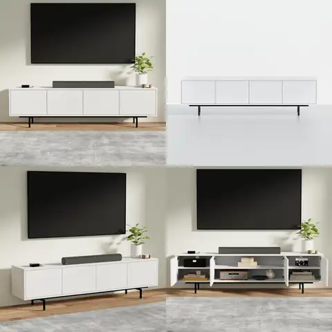 "75 inch by 20 inch 4-door white modern tv stand - high-quality engineered hardwood with water-resistant melamine finish"