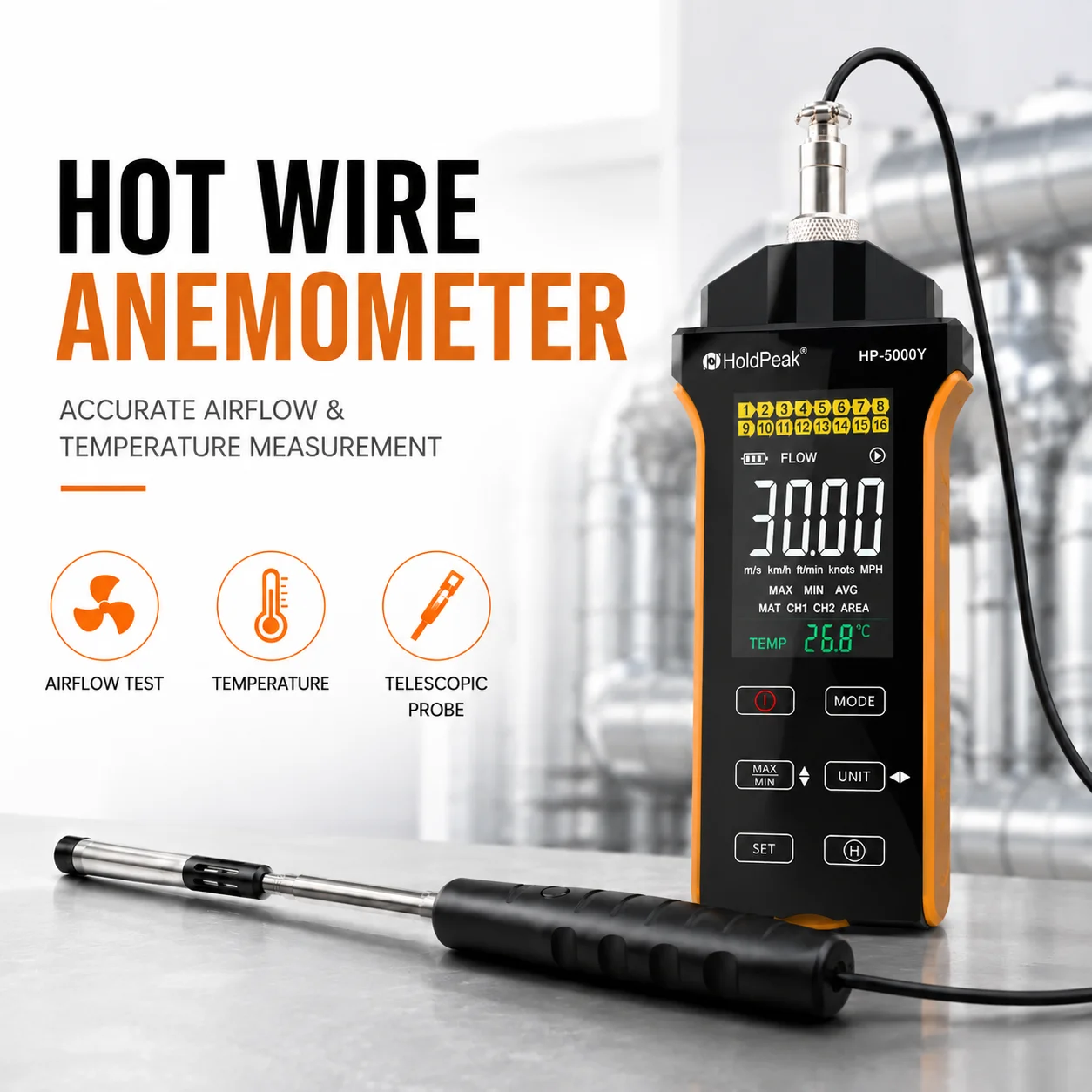 Professional Hot Wire Anemometer HVAC Air Flow Meter with Telescopic Probe, 0.1-30m/s Air Velocity & Temp Measurement, HoldPeak
Professional Hot Wire Anemometer HVAC Air Flow Meter with Telescopic Probe, 0.1-30m/s Air Velocity & Temp Measurement, HoldPeak