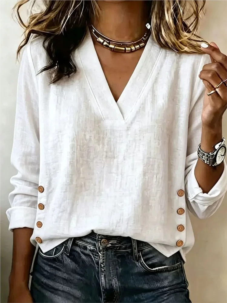 Spring Summer New Shirt Women's V-neck Casual Loose Button Solid Color Top Fashion Elegant White Office Holiday Party Top Shirts
Spring Summer New Shirt Women's V-neck Casual Loose Button Solid Color Top Fashion Elegant White Office Holiday Party Top Shirts