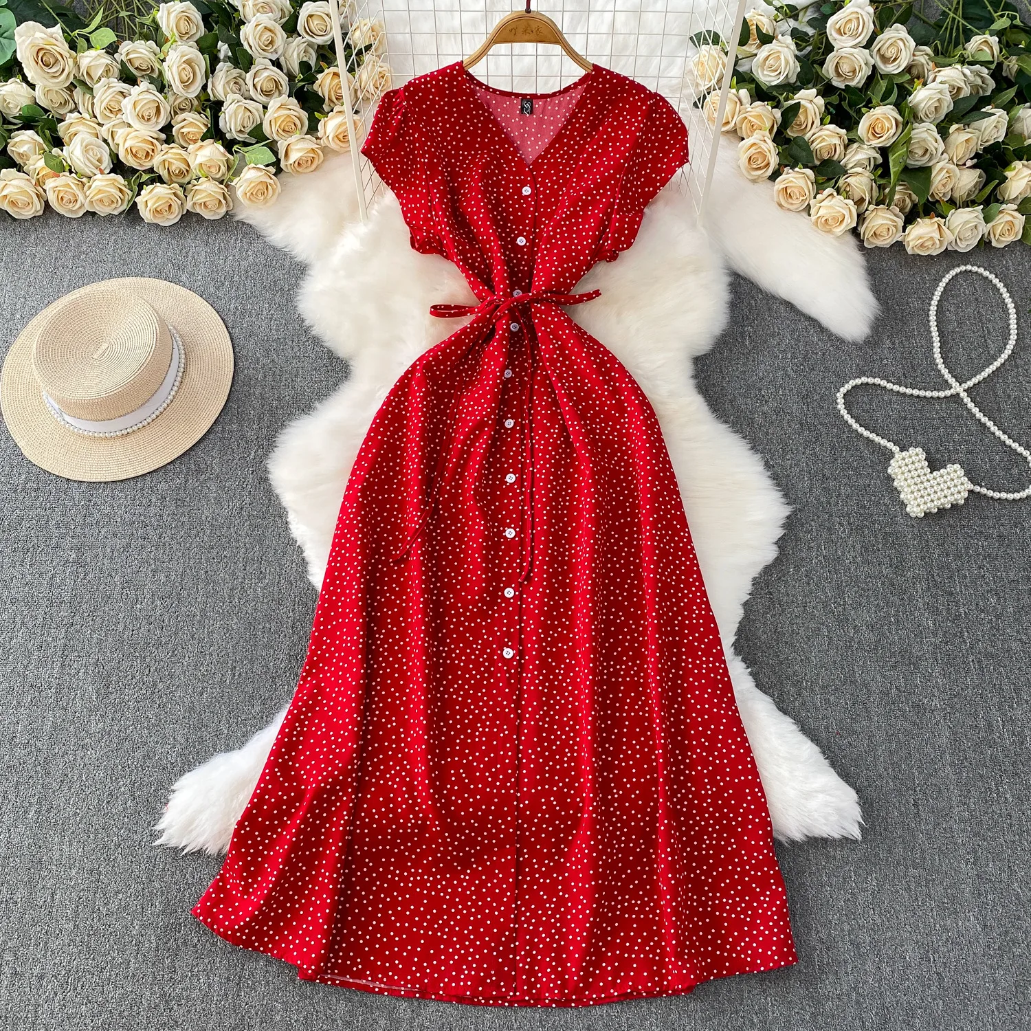 French Red Polka Dot V-neck Short-sleeved Dress Women Summer Single-breasted Lace-up Slim A-word Mid Long Dress Female Vestidos
French Red Polka Dot V-neck Short-sleeved Dress Women Summer Single-breasted Lace-up Slim A-word Mid Long Dress Female Vestidos