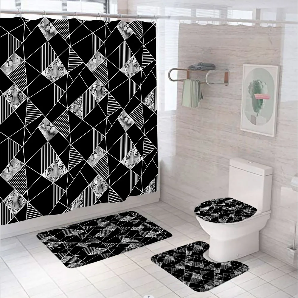 4Pcs Tiger Shower Curtain Sets Non-Slip Rug Toilet Lid Cover Bath Mat Wild Animal Geometric Black White Modern Bathroom Curtains
4Pcs Tiger Shower Curtain Sets Non-Slip Rug Toilet Lid Cover Bath Mat Wild Animal Geometric Black White Modern Bathroom Curtains