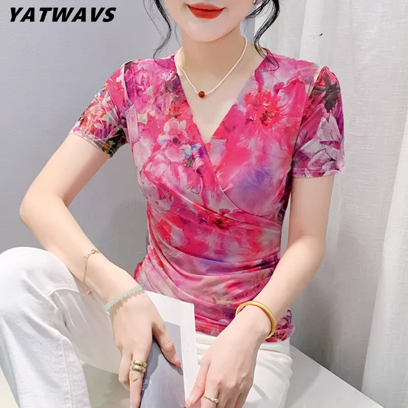 New Summer European Clothes T-shirts Women Sexy Cross V-Neck Luxury Printed Tops Short Sleeve Fashion Slim Mesh Tees Shirt
New Summer European Clothes T-shirts Women Sexy Cross V-Neck Luxury Printed Tops Short Sleeve Fashion Slim Mesh Tees Shirt