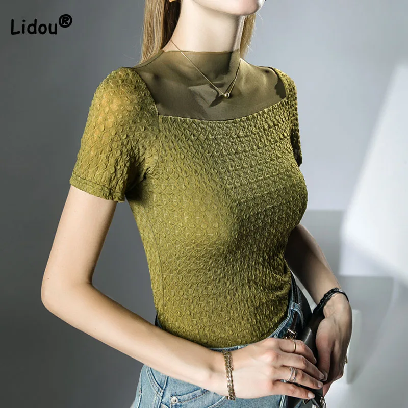 Sexy Fashion Mesh Spliced Solid Color Tops for Female Summer Simplicity Slim Short Sleeve All-match T-shirt Women's Clothing
Sexy Fashion Mesh Spliced Solid Color Tops for Female Summer Simplicity Slim Short Sleeve All-match T-shirt Women's Clothing