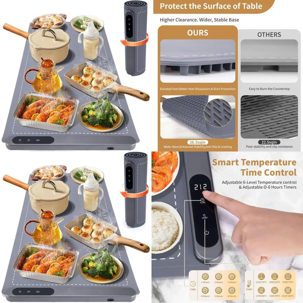 Большой электрический силиконовый коврик для подогрева еды 36x16 дюймов, 580 Вт, 6 температурных режимов, таймер на 6 часов для фуршетов и вечеринок
Большой электрический силиконовый коврик для подогрева еды 36x16 дюймов, 580 Вт, 6 температурных режимов, таймер на 6 часов для фуршетов и вечеринок