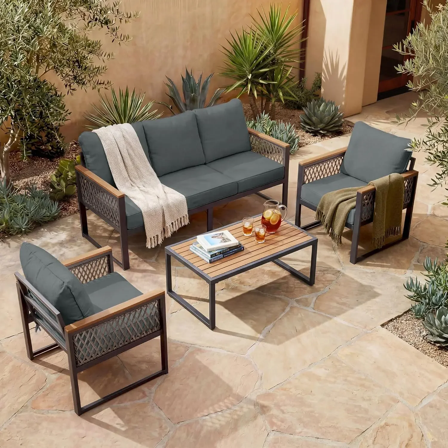 4pc Metal Patio Set Sectional Sofa 2 Chairs Coffee Table Outdoor Conversation Porch Balcony 5 Seats Gray, Custom
4pc Metal Patio Set Sectional Sofa 2 Chairs Coffee Table Outdoor Conversation Porch Balcony 5 Seats Gray, Custom