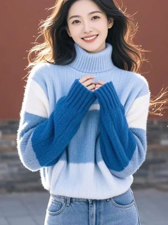 Синий полосатый женский трикотажный свитер с высоким воротником, мягкий, уютный, базовый, осенне-зимний, новинка, повседневный, модный
Синий полосатый женский трикотажный свитер с высоким воротником, мягкий, уютный, базовый, осенне-зимний, новинка, повседневный, модный