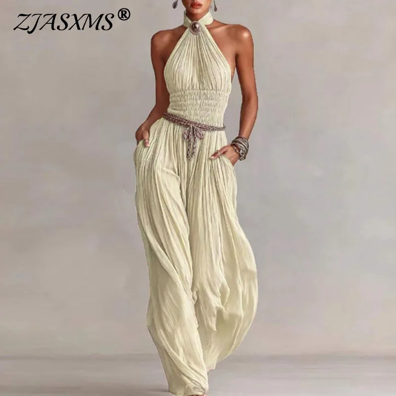 Bohemian Halter Hollow Vacation Jumpsuit Spring Solid Backless Pleated Women's Rompers Summer Sleeveless Wide Leg Pants Overalls
Bohemian Halter Hollow Vacation Jumpsuit Spring Solid Backless Pleated Women's Rompers Summer Sleeveless Wide Leg Pants Overalls