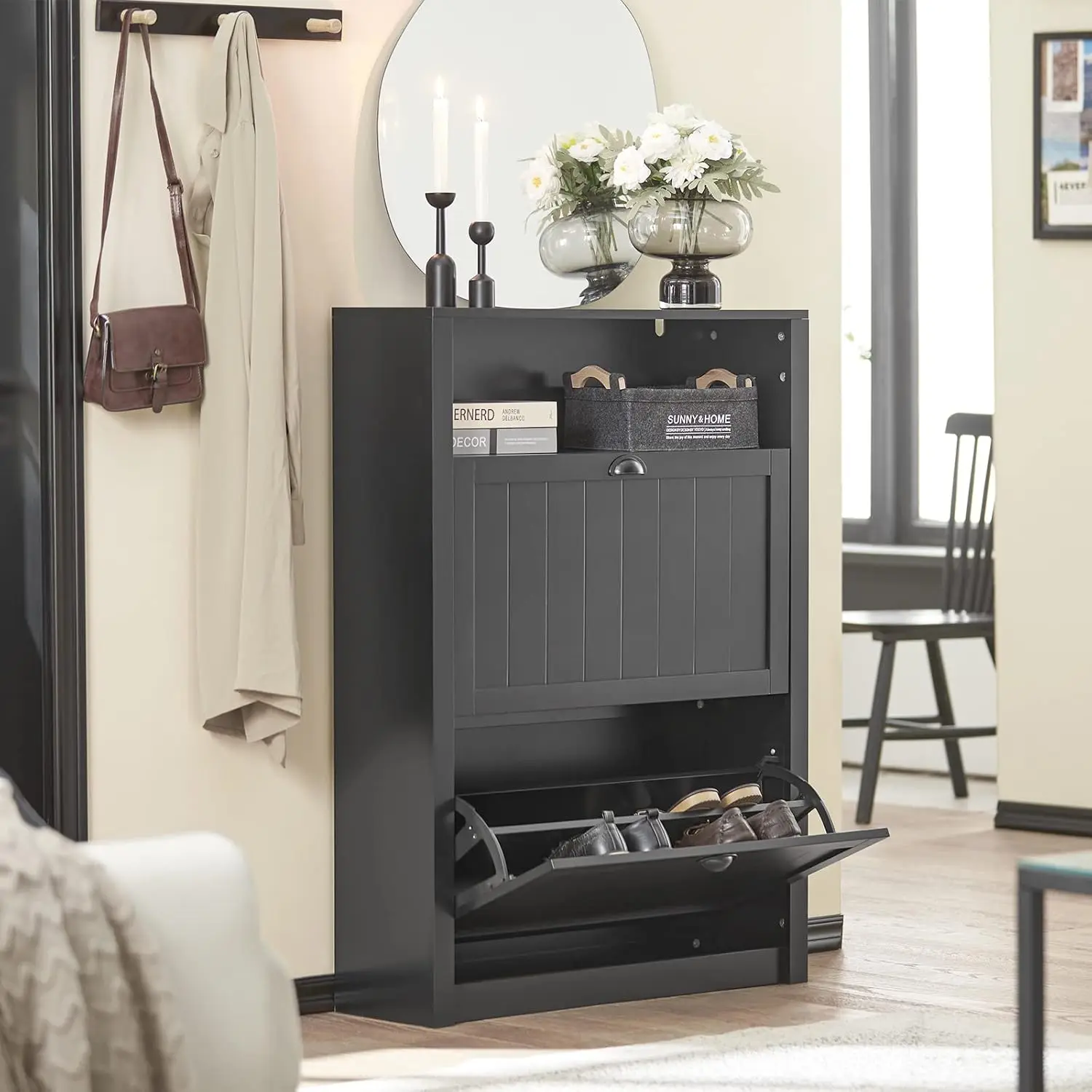 Shoe Cabinet, Shoe Storage Cabinet Organizer with 2 Flip-Drawers, Slim Shoe Rack, Black, FSR87-SCH, 9.4" D x 31.5" W x 4
Shoe Cabinet, Shoe Storage Cabinet Organizer with 2 Flip-Drawers, Slim Shoe Rack, Black, FSR87-SCH, 9.4" D x 31.5" W x 4