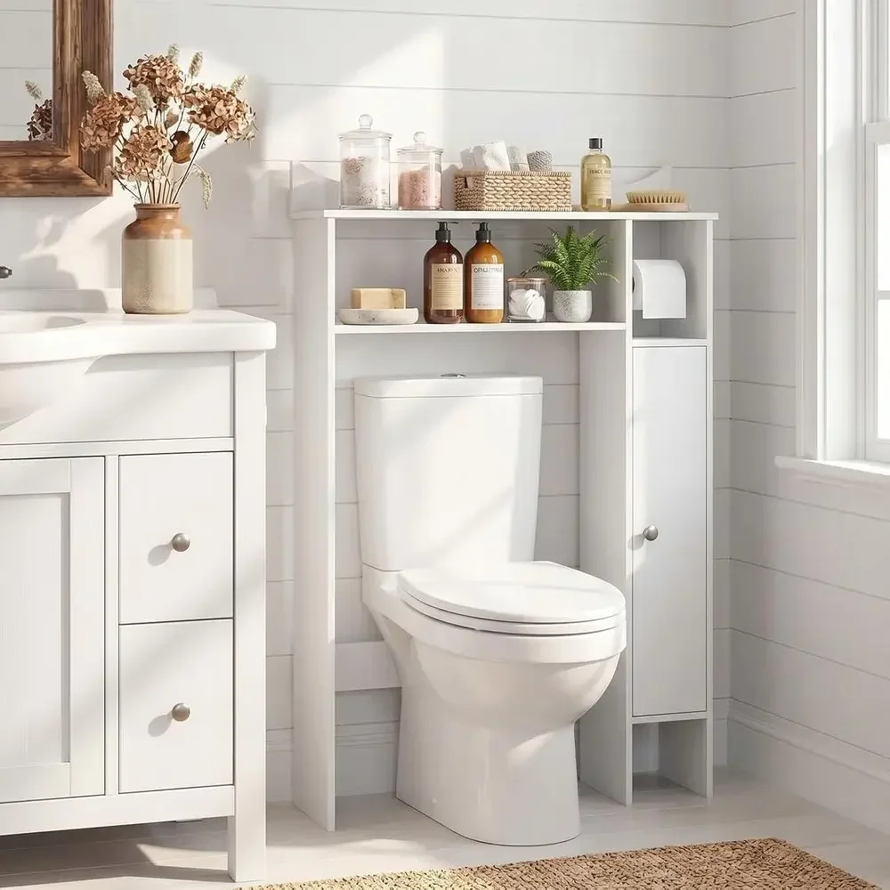 Space-Saving White Bathroom Cabinet with Adjustable Shelves and Toilet Paper Holder Above Toilet
Space-Saving White Bathroom Cabinet with Adjustable Shelves and Toilet Paper Holder Above Toilet