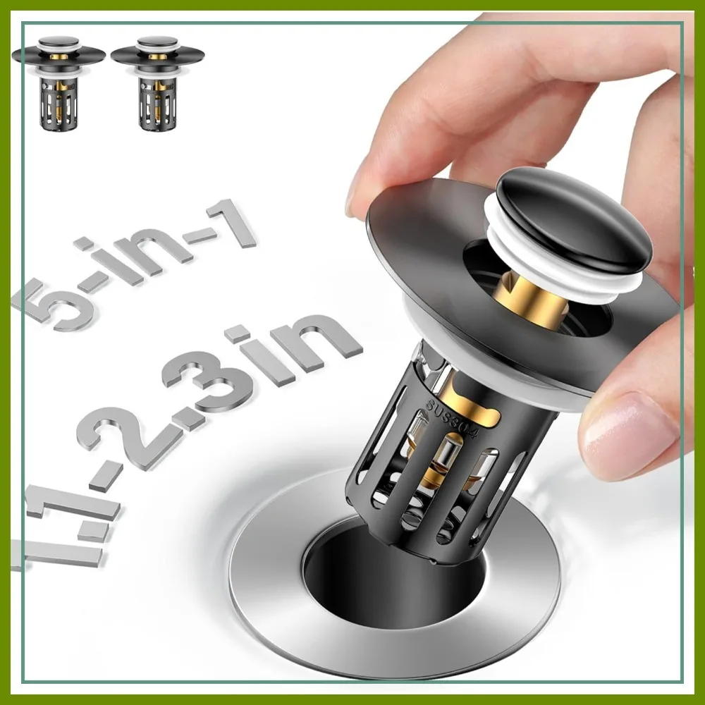 2-Pack Universal Bathroom Sink Stopper, All Metal with Hair Catcher, Fits 1.1-2.36 Inch Drains, Black
2-Pack Universal Bathroom Sink Stopper, All Metal with Hair Catcher, Fits 1.1-2.36 Inch Drains, Black
