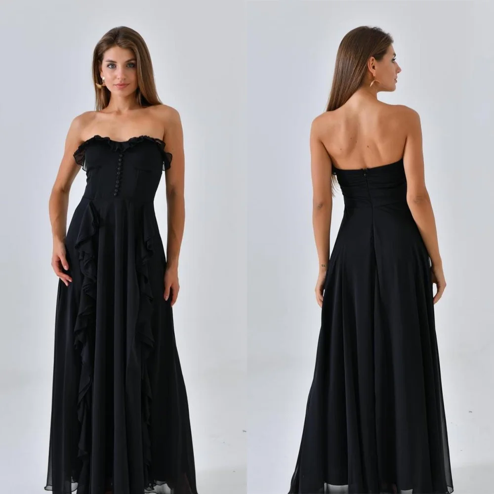 Customized Exquisite Black Chiffon Evening Dress Classic Strapless Sleeveless Homecoming Dresses Fashion Vestido De Fe
Customized Exquisite Black Chiffon Evening Dress Classic Strapless Sleeveless Homecoming Dresses Fashion Vestido De Fe