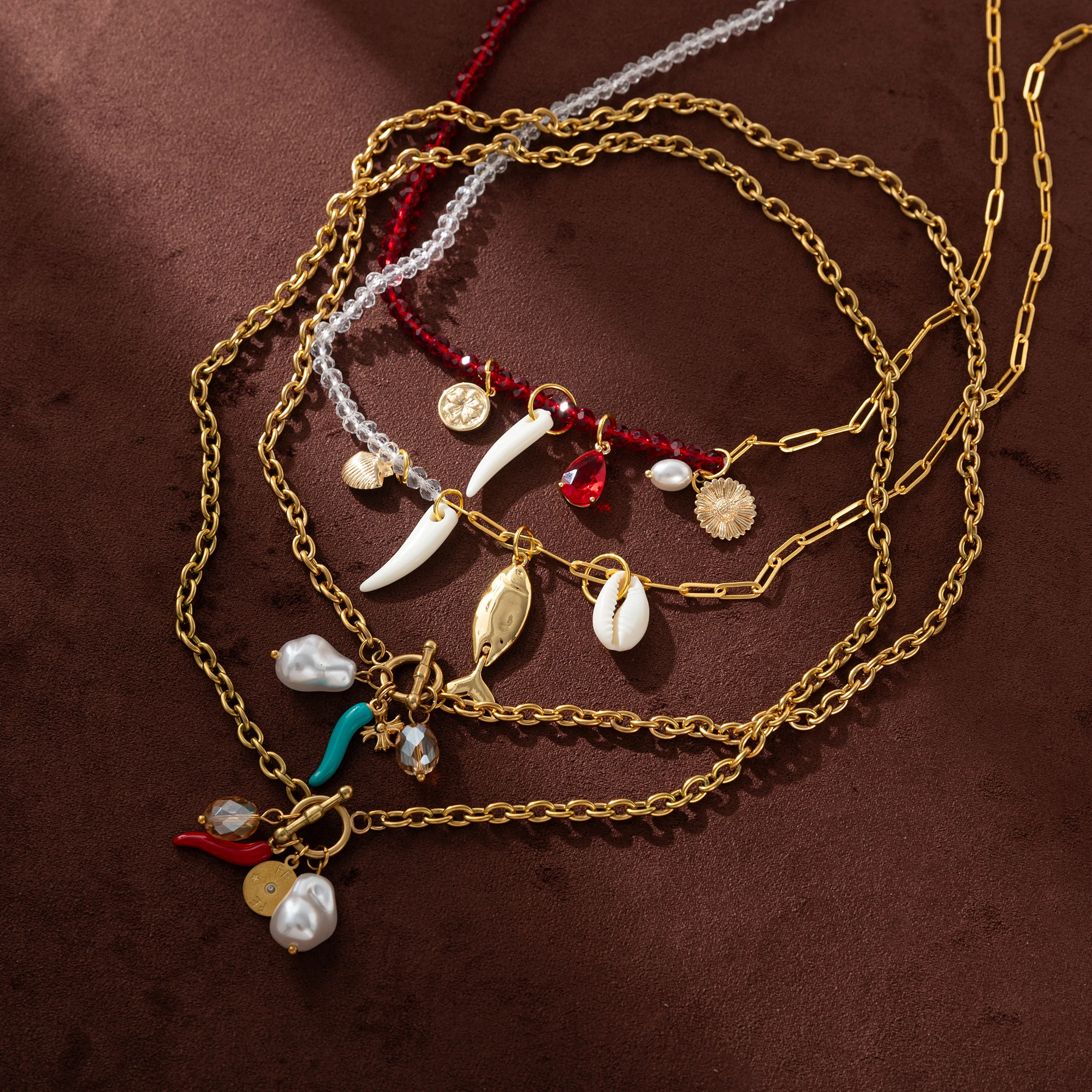 Boho Charm Necklace 18K Gold Plated | Fish, Chili, Pearl & Coin Pendants | Trendy Layered Jewelry for Women
Boho Charm Necklace 18K Gold Plated | Fish, Chili, Pearl & Coin Pendants | Trendy Layered Jewelry for Women