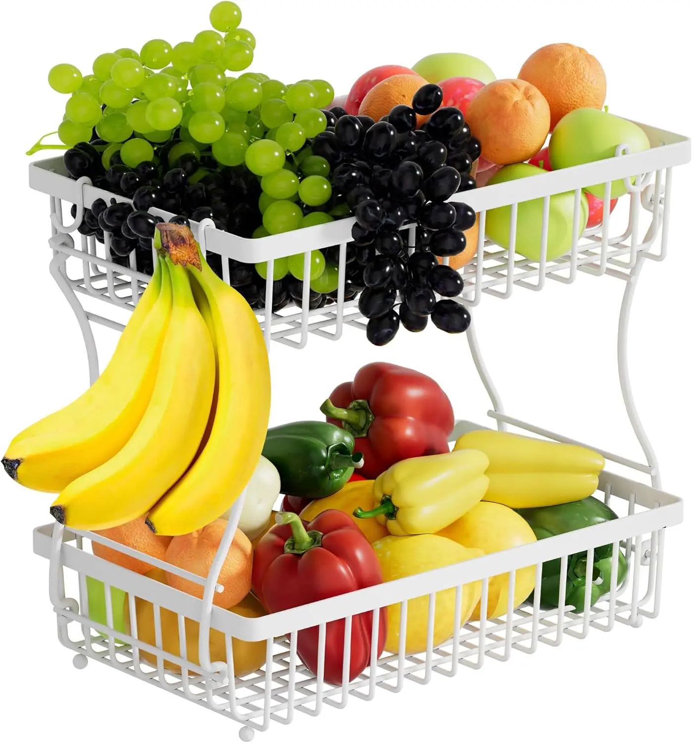 2-Tier Fruit Basket with Banana Hanger, Kitchen Countertop Storage Rack, White Metal Bowls for Fruits, Vegetables, Snacks
2-Tier Fruit Basket with Banana Hanger, Kitchen Countertop Storage Rack, White Metal Bowls for Fruits, Vegetables, Snacks