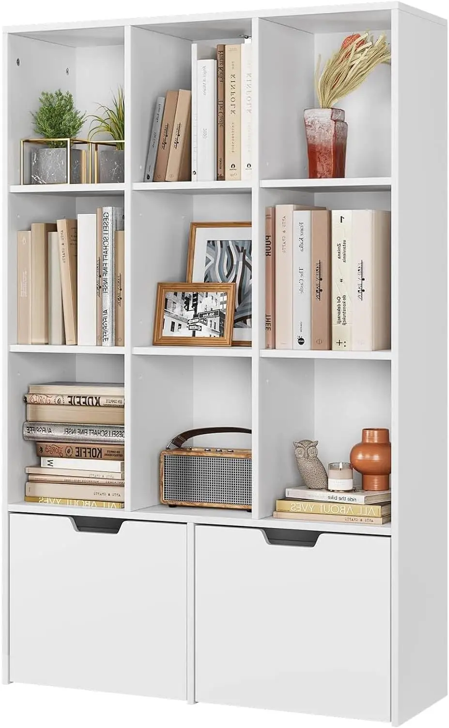 White Bookshelf, Modern Bookcase Storage Cabinet with 9 Lockers and 2 Large Storage Drawers
White Bookshelf, Modern Bookcase Storage Cabinet with 9 Lockers and 2 Large Storage Drawers