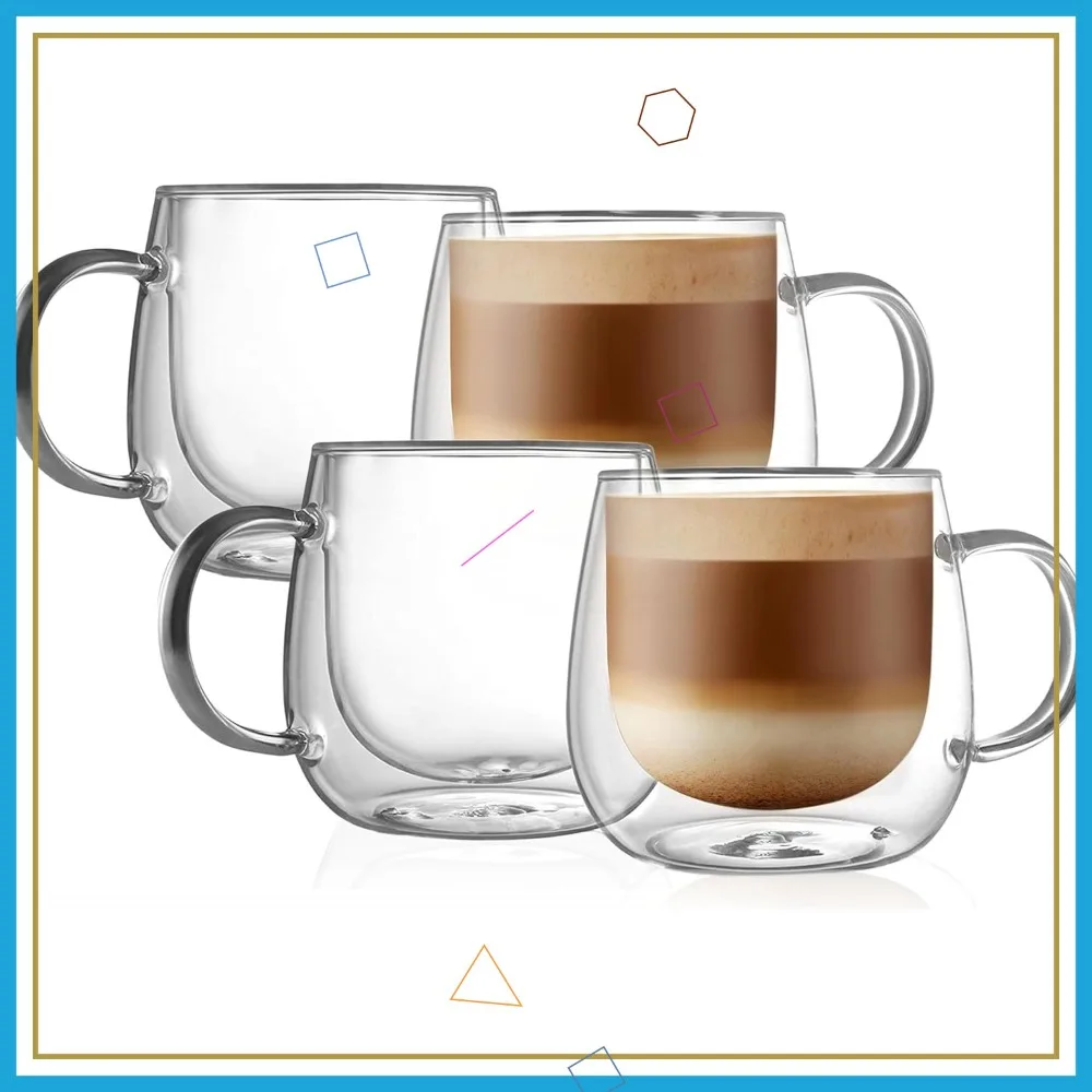 16oz Double Walled Glass Coffee Mugs, 4-Pack Large Clear Cups with Handle for Latte, Cappuccino, Tea
16oz Double Walled Glass Coffee Mugs, 4-Pack Large Clear Cups with Handle for Latte, Cappuccino, Tea