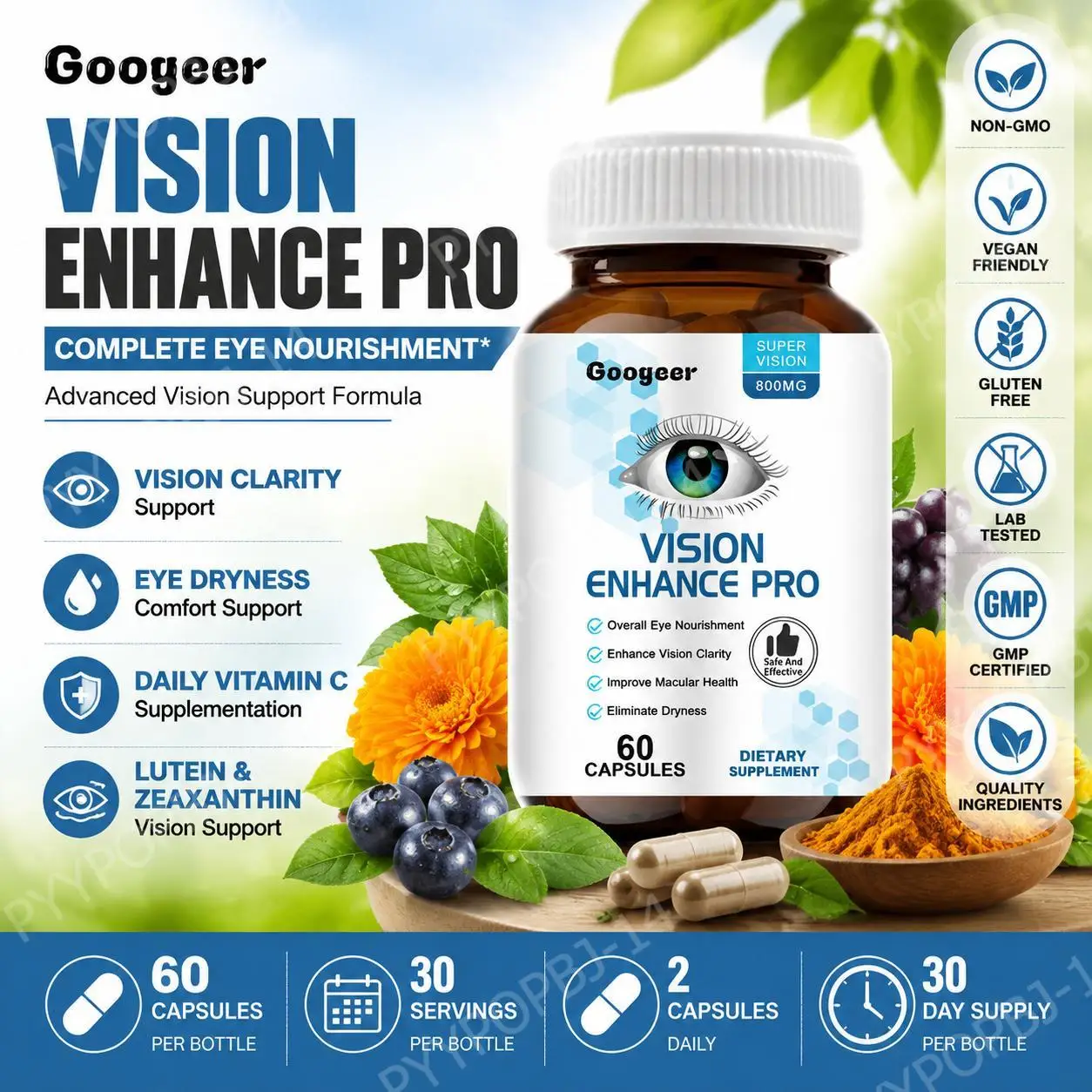 Googeer Vision Enhance Pro Capsules with Lutein, Zeaxanthin and Bilberry Extract for Vision Clarity and Comfort, 60 Capsules
Googeer Vision Enhance Pro Capsules with Lutein, Zeaxanthin and Bilberry Extract for Vision Clarity and Comfort, 60 Capsules