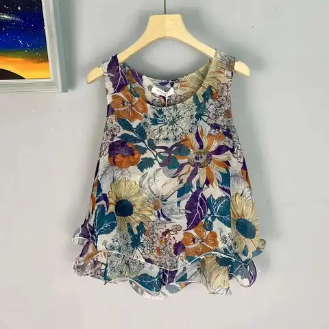 Korean Fashion Halter Tanks Frauen Plissee Camis Sommer Urlaub Floral Print Ärmellose Tank Top Beiläufige Lose Chiffon Tunika A262