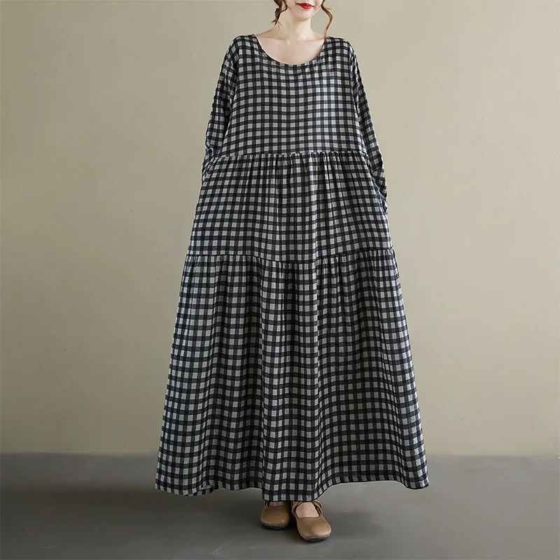 Retro Anti-Aging round Neck Long Sleeve Plaid Midi Dress Cotton Linen Skirt Large Size Citywalk A-Line Dress for Mothers
Retro Anti-Aging round Neck Long Sleeve Plaid Midi Dress Cotton Linen Skirt Large Size Citywalk A-Line Dress for Mothers