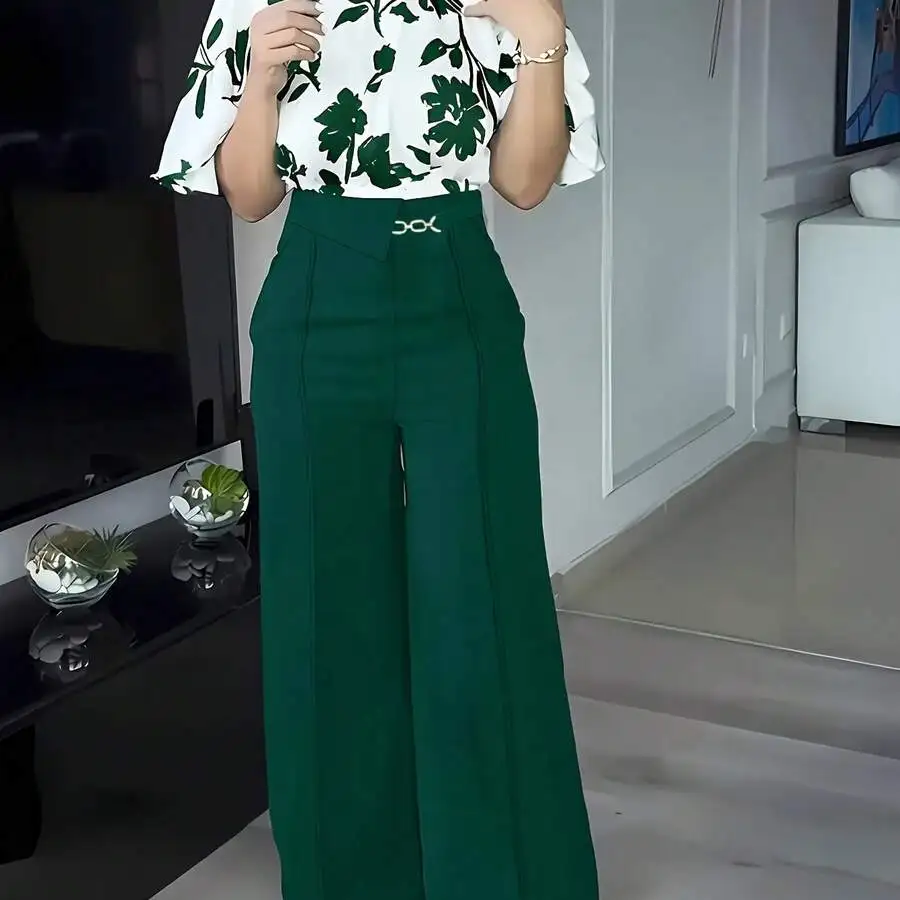 Womens Floral Print Ruffle Sleeve Elegant Casual Shirt And Wide Leg Pants 2pcs Set
Womens Floral Print Ruffle Sleeve Elegant Casual Shirt And Wide Leg Pants 2pcs Set