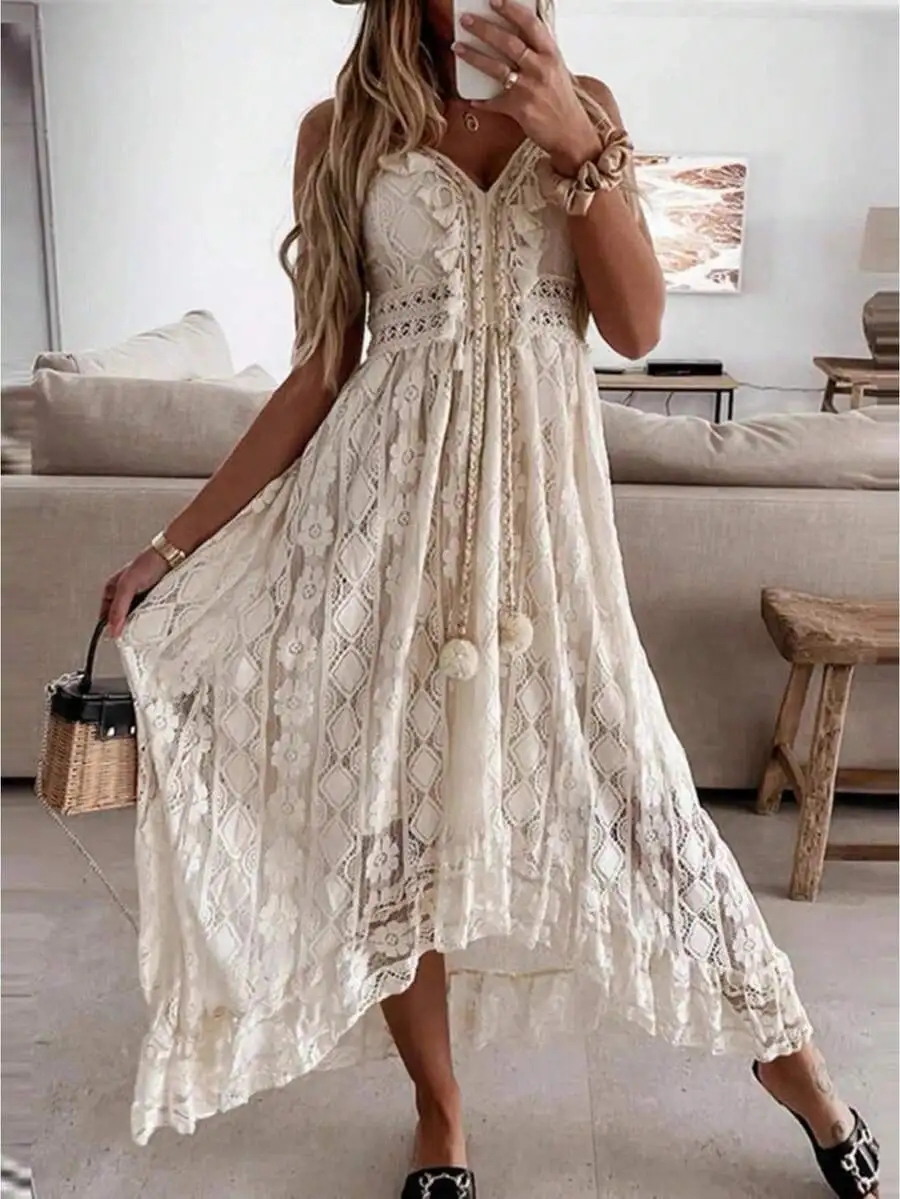Women Boho Lace Maxi Dress Deep V-Neck Sleeveless Backless Casual Beach Swing Dress Summer Vacation Outfit
Women Boho Lace Maxi Dress Deep V-Neck Sleeveless Backless Casual Beach Swing Dress Summer Vacation Outfit