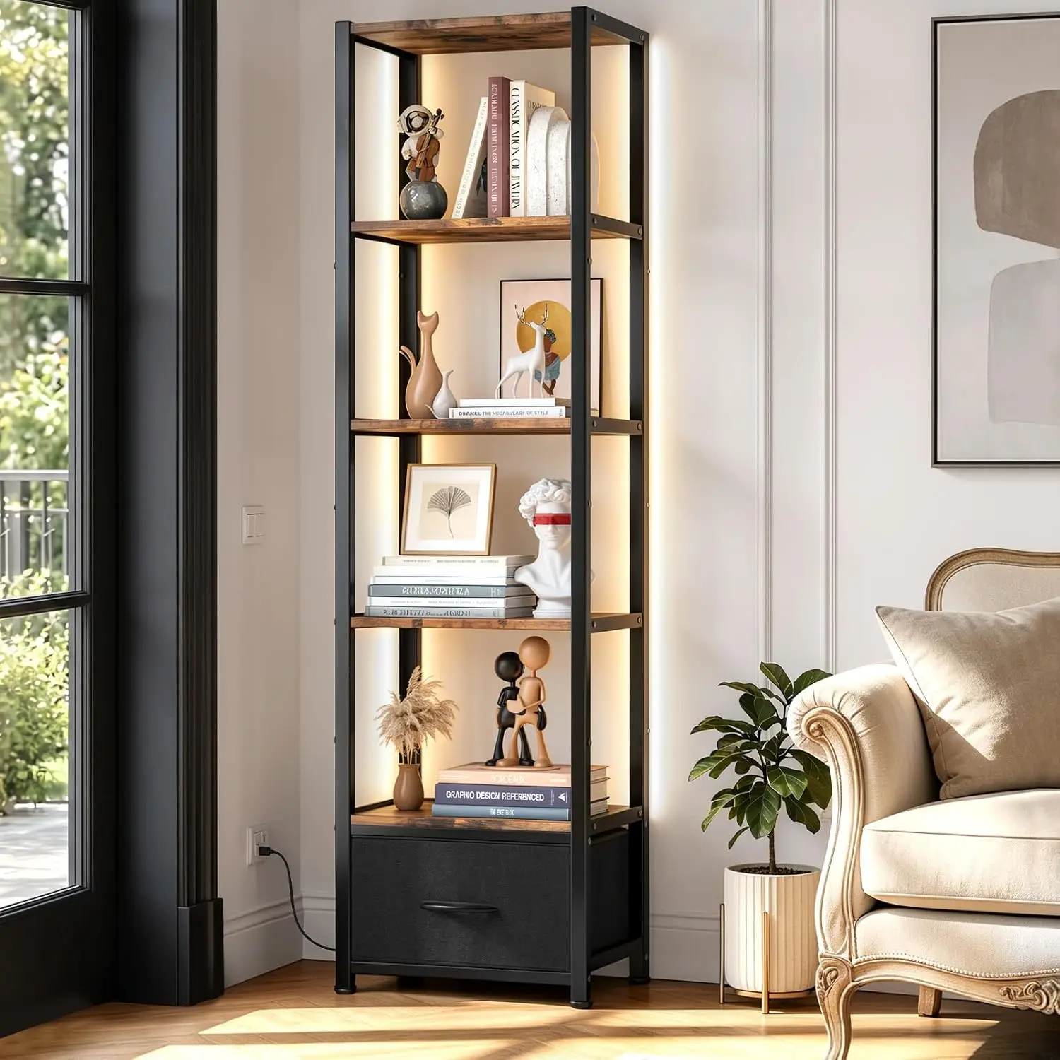 60.6" Tall Corner Bookshelf with LED Light, 6-Tier Bookcase with Fabric Drawer, Industrial Storage Shelf for Living Room
60.6" Tall Corner Bookshelf with LED Light, 6-Tier Bookcase with Fabric Drawer, Industrial Storage Shelf for Living Room