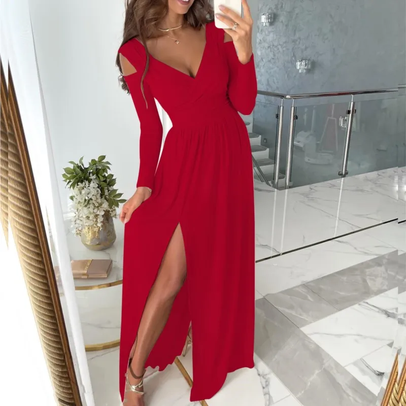 Women'S Dress V-Neck Long Sleeved Dress Women'S Autumn Solid Split High Waist Slim Fit Long Dress Women'S Sexy Temperament Dress
Women'S Dress V-Neck Long Sleeved Dress Women'S Autumn Solid Split High Waist Slim Fit Long Dress Women'S Sexy Temperament Dress