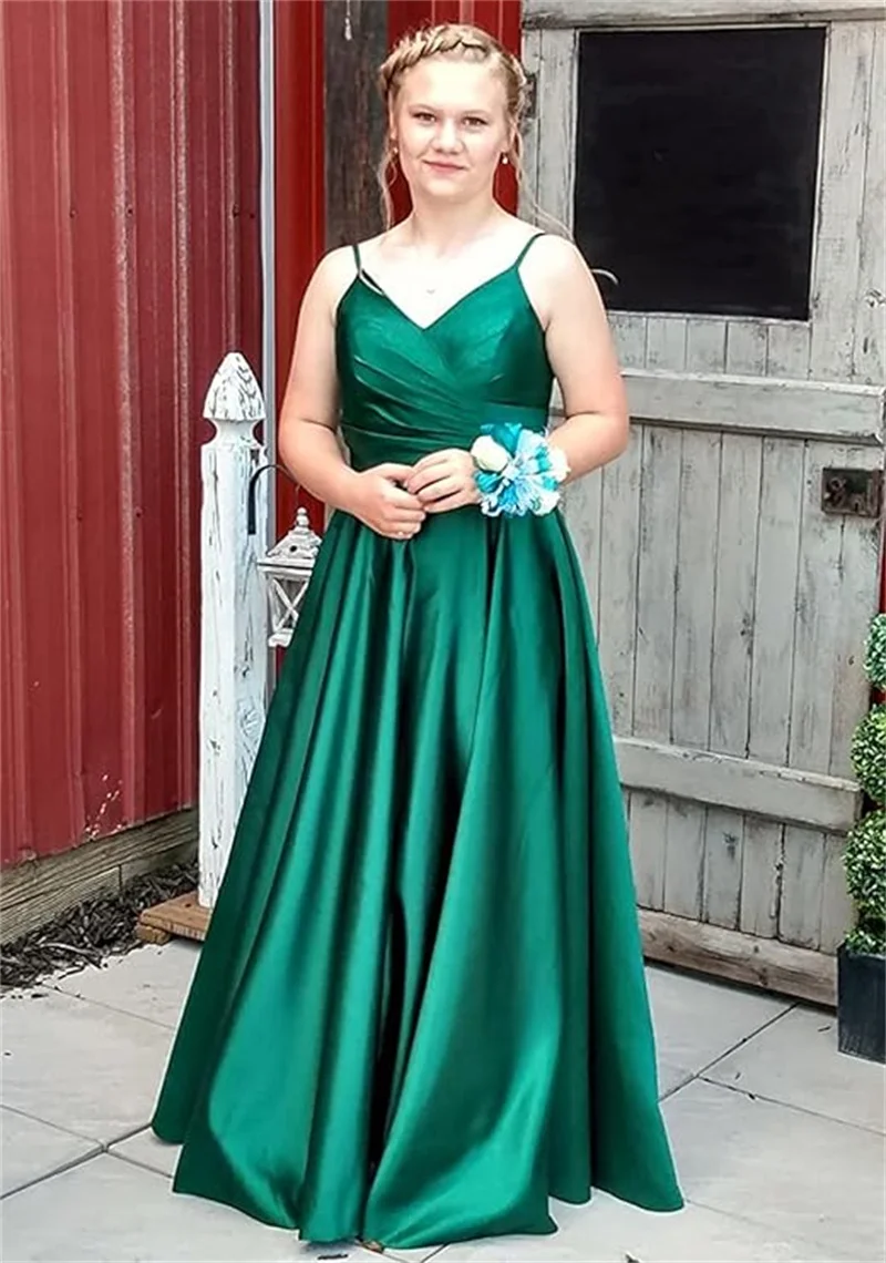 Customized Women's Spaghetti Straps Satin Prom Dresses with Pockets V Neck Pleated Long Solid color Formal Evening Ball Gown
Customized Women's Spaghetti Straps Satin Prom Dresses with Pockets V Neck Pleated Long Solid color Formal Evening Ball Gown