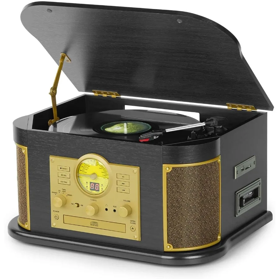 Универсальный винтажный проигрыватель с Bluetooth, CD, кассетами, AM/FM-радио, USB, SD-рекордером, 3-скоростным проигрывателем винила, черного цвета, со встроенными функциями
Универсальный винтажный проигрыватель с Bluetooth, CD, кассетами, AM/FM-радио, USB, SD-рекордером, 3-скоростным проигрывателем винила, черного цвета, со встроенными функциями