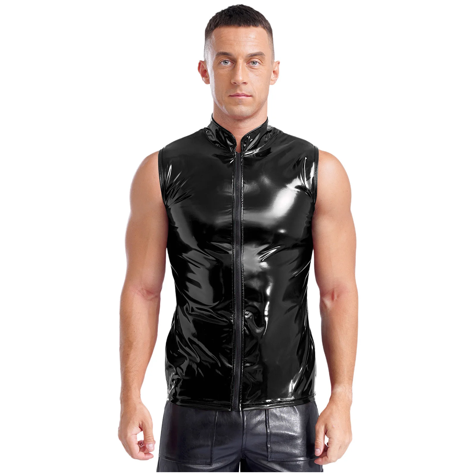 Крутая мужская блестящая кожаная майка без рукавов в стиле панк, моторный байкерский велосипедный жилет, модные летние вечерние клубные музыкальные укороченные топы 
Крутая мужская блестящая кожаная майка без рукавов в стиле панк, моторный байкерский велосипедный жилет, модные летние вечерние клубные музыкальные укороченные топы