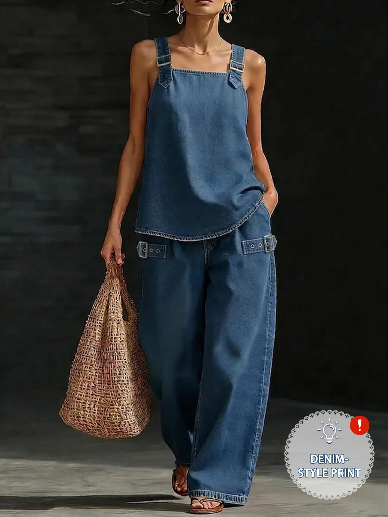Women Non-Denim Sling Top & Wide Leg Pants Set, Adjustable Strap Tank + Buckle Decor Loose Trousers, Casual Denim Style
Women Non-Denim Sling Top & Wide Leg Pants Set, Adjustable Strap Tank + Buckle Decor Loose Trousers, Casual Denim Style