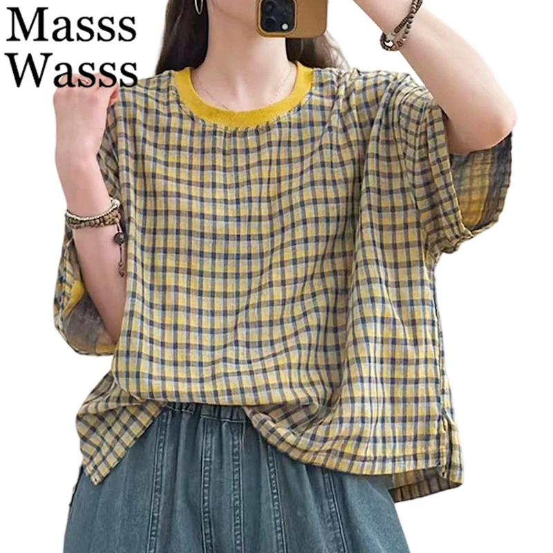 Masss Wasss 2026 Summer Fashion Plaid Tee Shirts Ladies Korean Design Vintage Luxury Tops Womens Classic Leisure Loose Clothes
Masss Wasss 2026 Summer Fashion Plaid Tee Shirts Ladies Korean Design Vintage Luxury Tops Womens Classic Leisure Loose Clothes