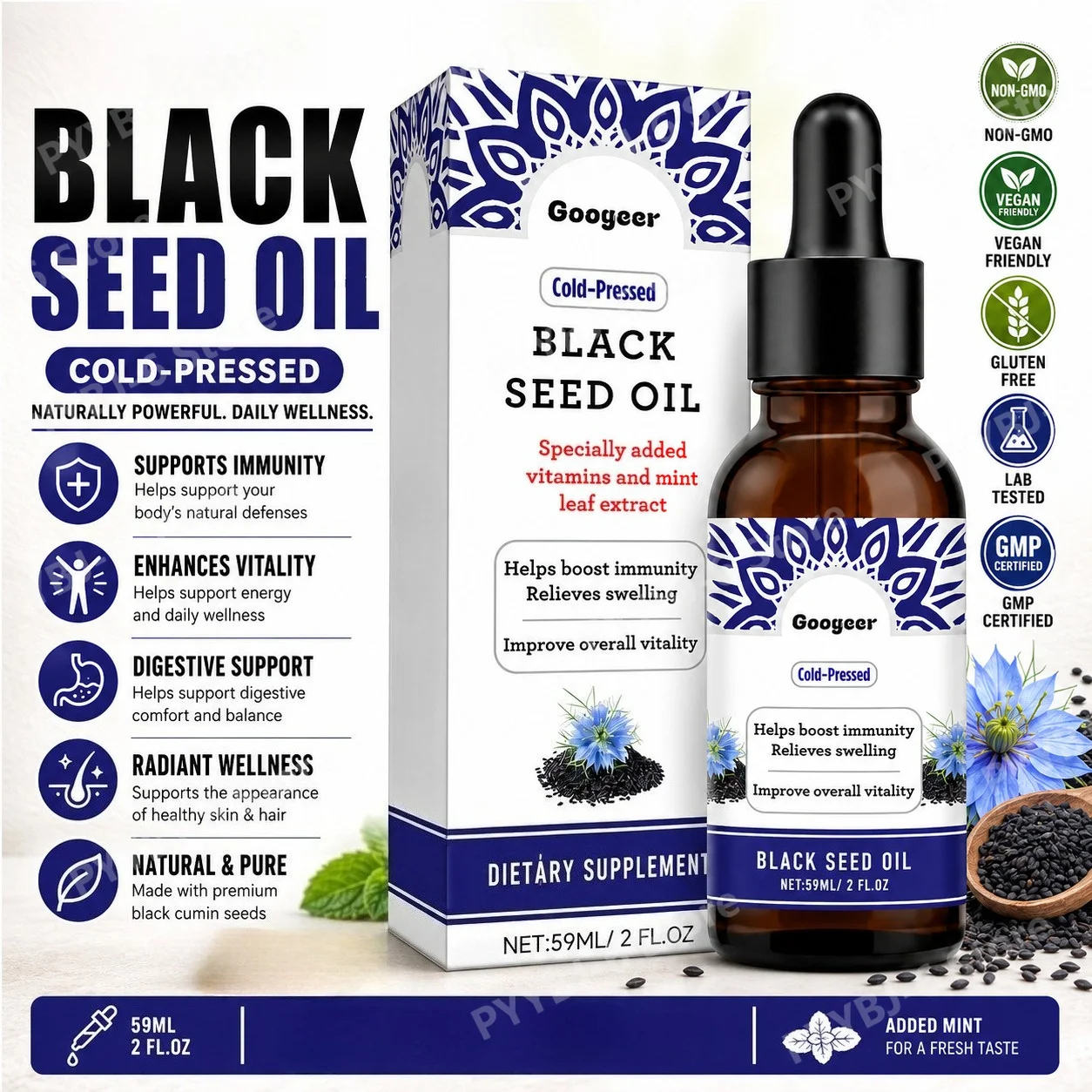 Cold-Pressed Black Seed Oil Liquid Drops with Vitamins &Mint Leaf Extract Daily Wellness Immune Support Vitality Supplement 59ML
Cold-Pressed Black Seed Oil Liquid Drops with Vitamins &Mint Leaf Extract Daily Wellness Immune Support Vitality Supplement 59ML