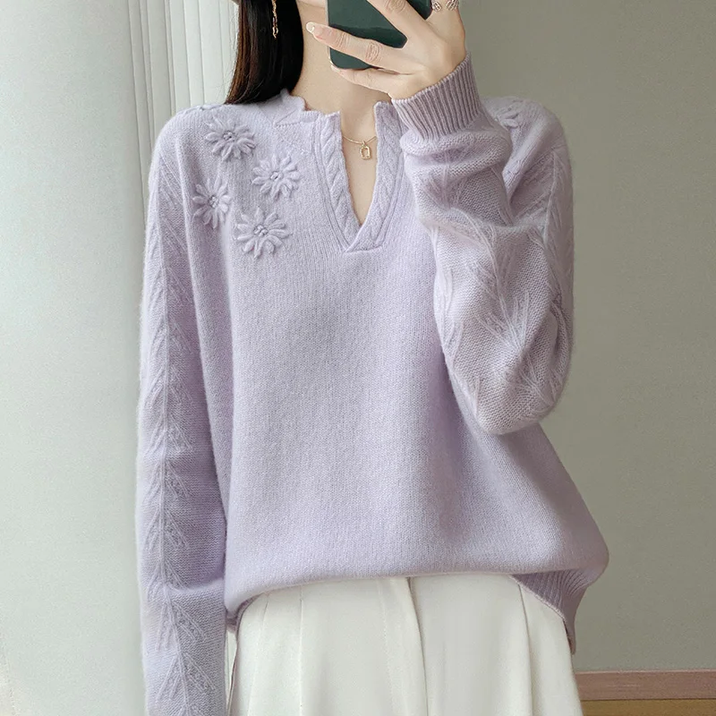European and American trend women's pullover V-neck sweater solid color knitted autumn and winter hot selling 100% wool sweater
European and American trend women's pullover V-neck sweater solid color knitted autumn and winter hot selling 100% wool sweater