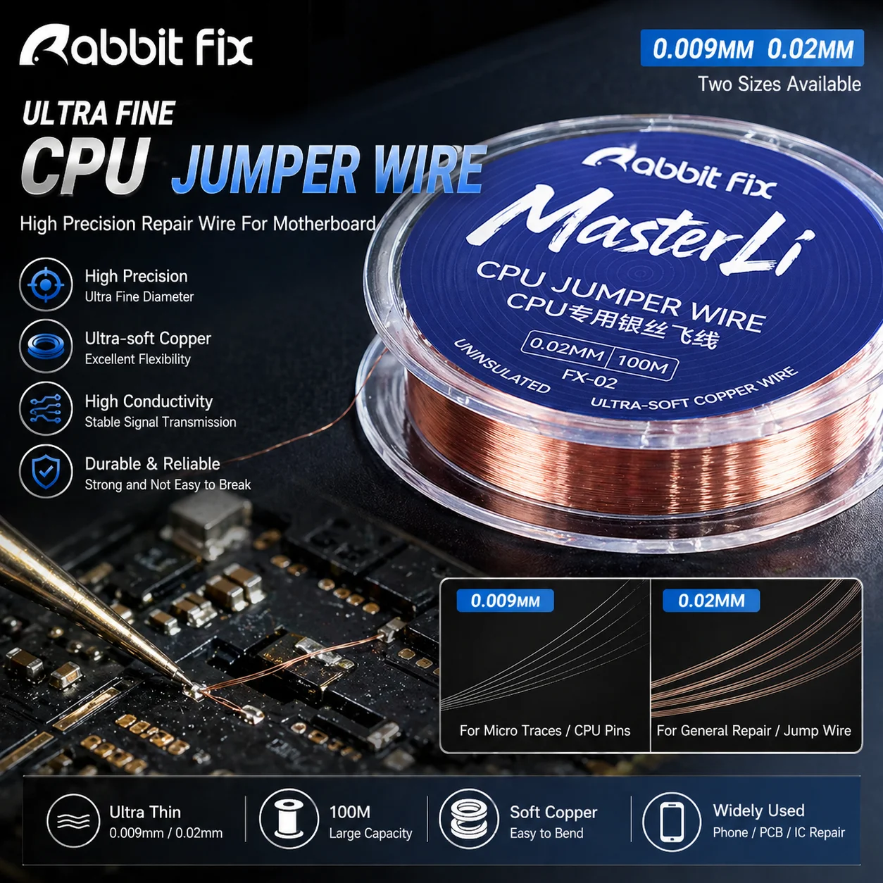 Провод для ремонта Rabbitfx Ultra Fine CPU Jumper Wire 0.02мм, серебряный, высокоточный, из мягкой меди, для ремонта печатных плат, материнских плат, мобильных телефонов
Провод для ремонта Rabbitfx Ultra Fine CPU Jumper Wire 0.02мм, серебряный, высокоточный, из мягкой меди, для ремонта печатных плат, материнских плат, мобильных телефонов
