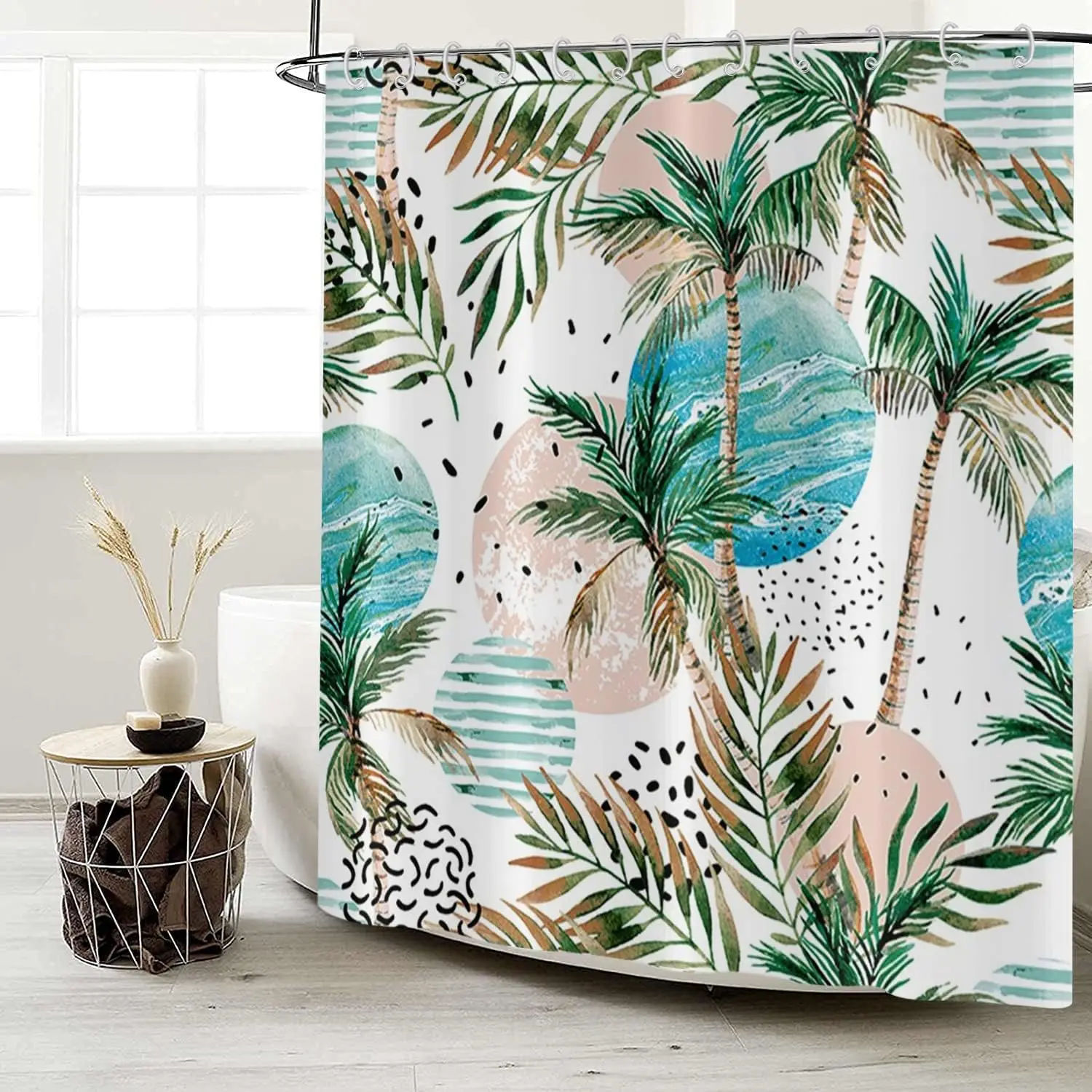 Tropical Palm Leaves Shower Curtain with Abstract Circles in Blue Pink and Green Modern Botanical Design for Bathroom
Tropical Palm Leaves Shower Curtain with Abstract Circles in Blue Pink and Green Modern Botanical Design for Bathroom