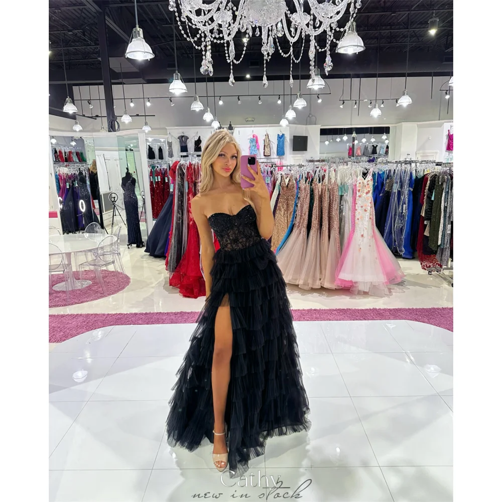 Cathy Black Strapless Beaded A-line Prom Dress Tiered Ruffles Side High Split vestidos de noiva Customized Floor-length Formal
Cathy Black Strapless Beaded A-line Prom Dress Tiered Ruffles Side High Split vestidos de noiva Customized Floor-length Formal