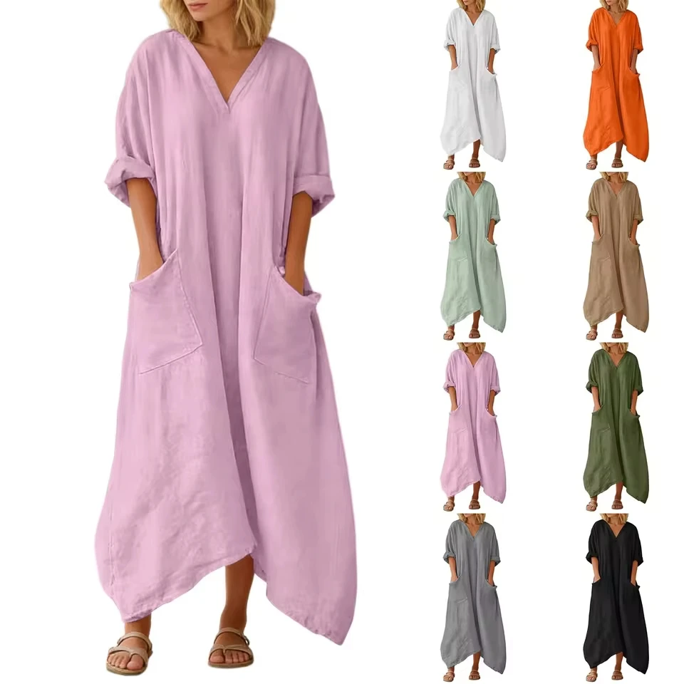 Lady Summer Sexy Casual Plus Sized Dress V Neck Padded Long Dress For Casual Wear Cotton Linen Beach Dresses For Women
Lady Summer Sexy Casual Plus Sized Dress V Neck Padded Long Dress For Casual Wear Cotton Linen Beach Dresses For Women
