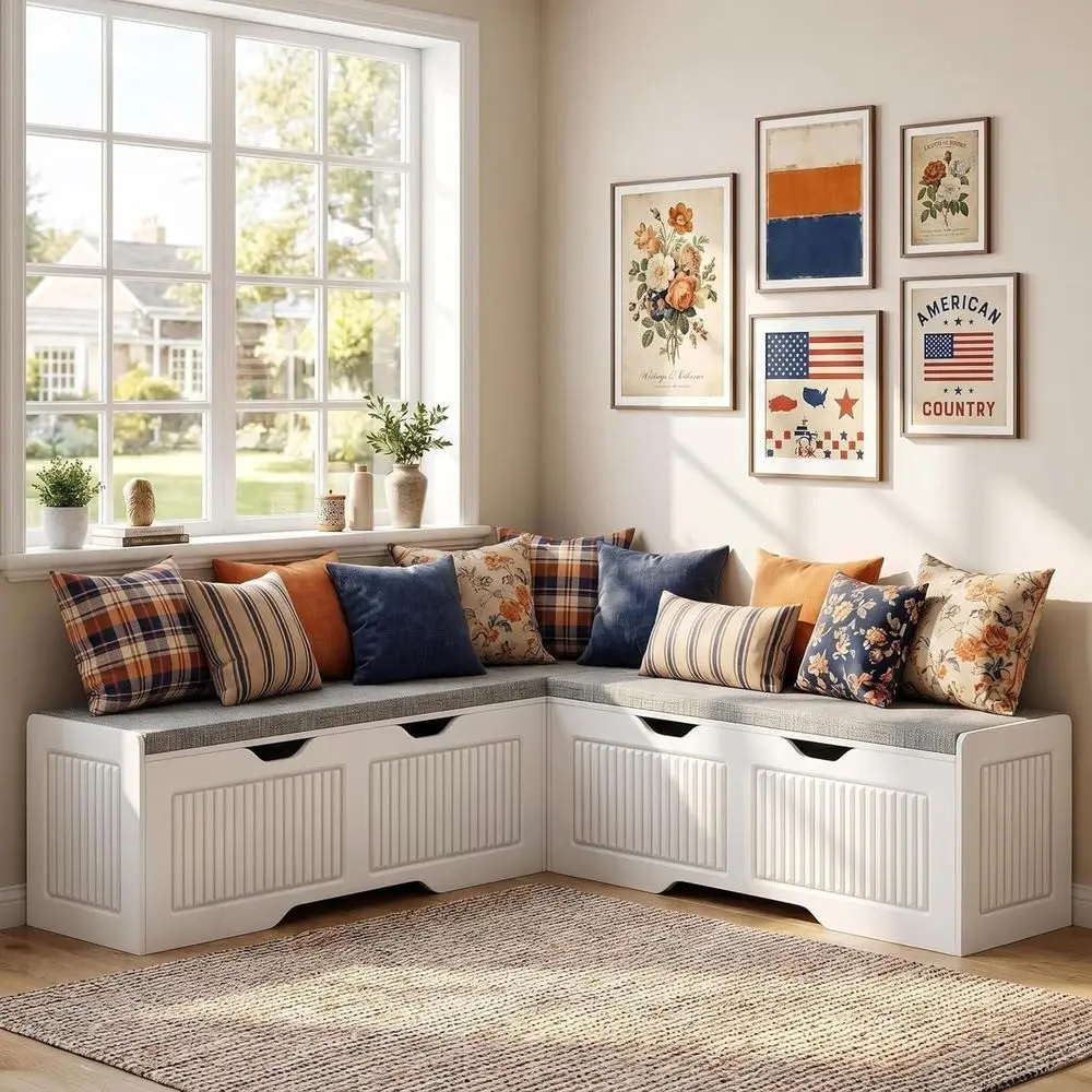 White L-Shaped Storage Bench with Cushion, Multi-Room Use, Hidden Storage for Kitchen, Dining, Entryway
White L-Shaped Storage Bench with Cushion, Multi-Room Use, Hidden Storage for Kitchen, Dining, Entryway
