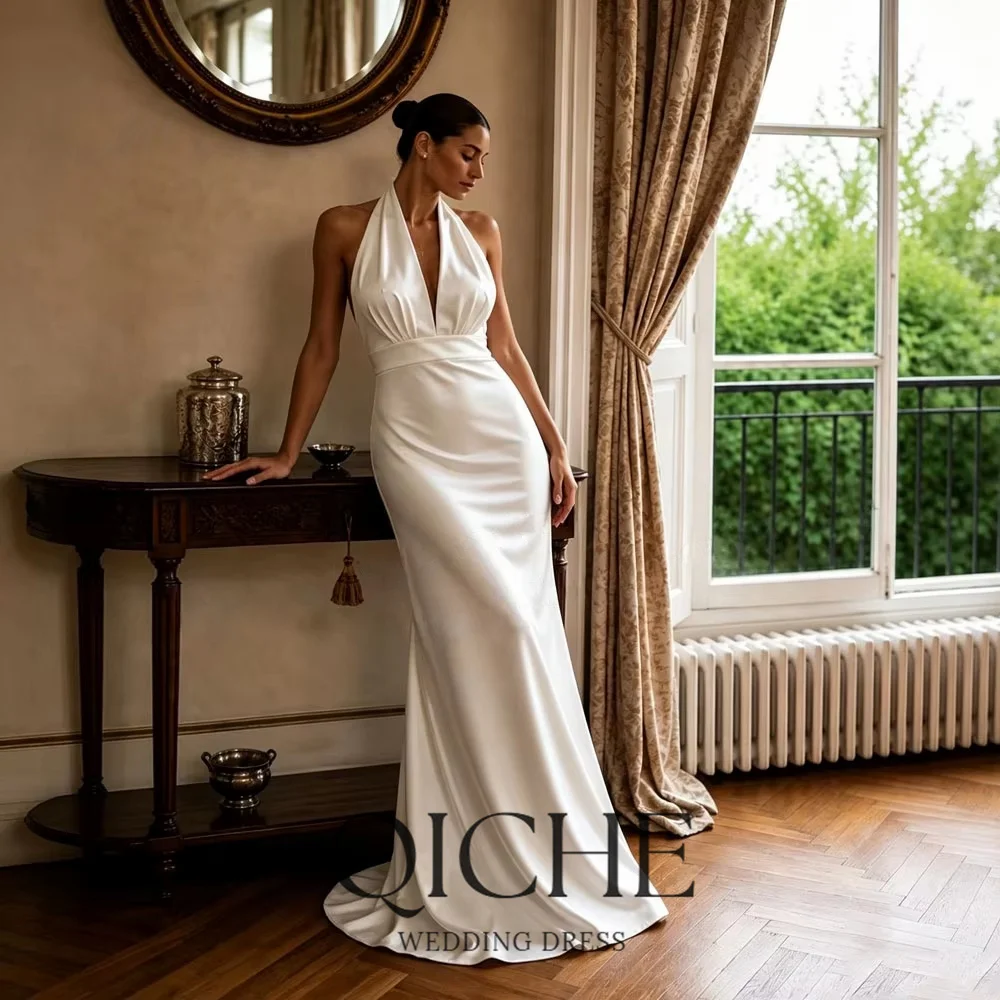 Halter Neck Satin Mermaid Wedding Dress Deep V Neck Backless Bridal Gown Long Ribbon Civil Wedding Reception Dress Customized
Halter Neck Satin Mermaid Wedding Dress Deep V Neck Backless Bridal Gown Long Ribbon Civil Wedding Reception Dress Customized