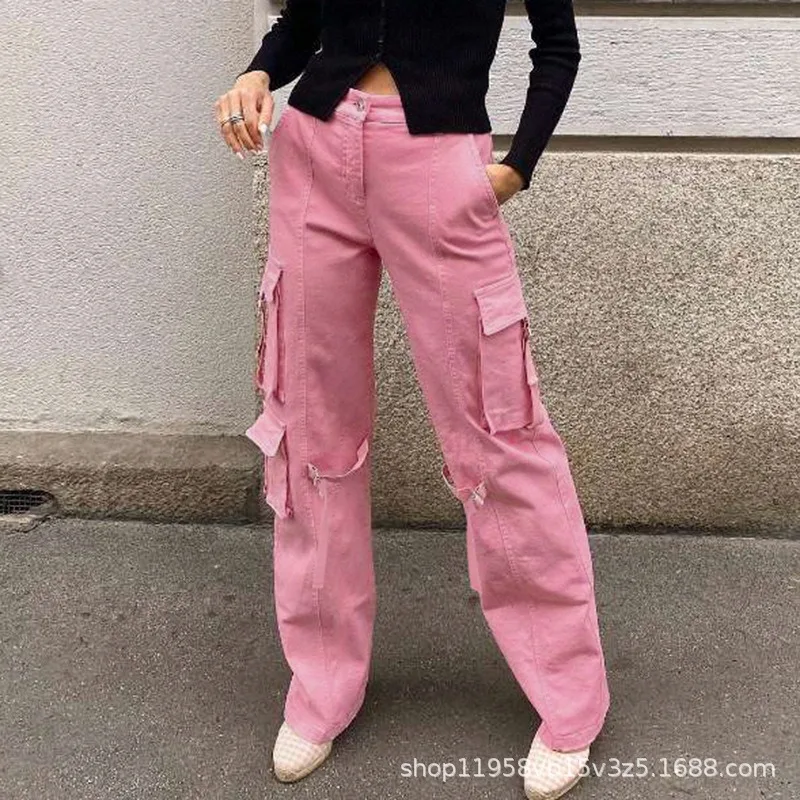 Fashion Soild Pockets Jeans Y2k Women's Straight Leg Loose Fit Cargo Pants Autumn Low Waist Button Denim Trousers Streetwear
Fashion Soild Pockets Jeans Y2k Women's Straight Leg Loose Fit Cargo Pants Autumn Low Waist Button Denim Trousers Streetwear