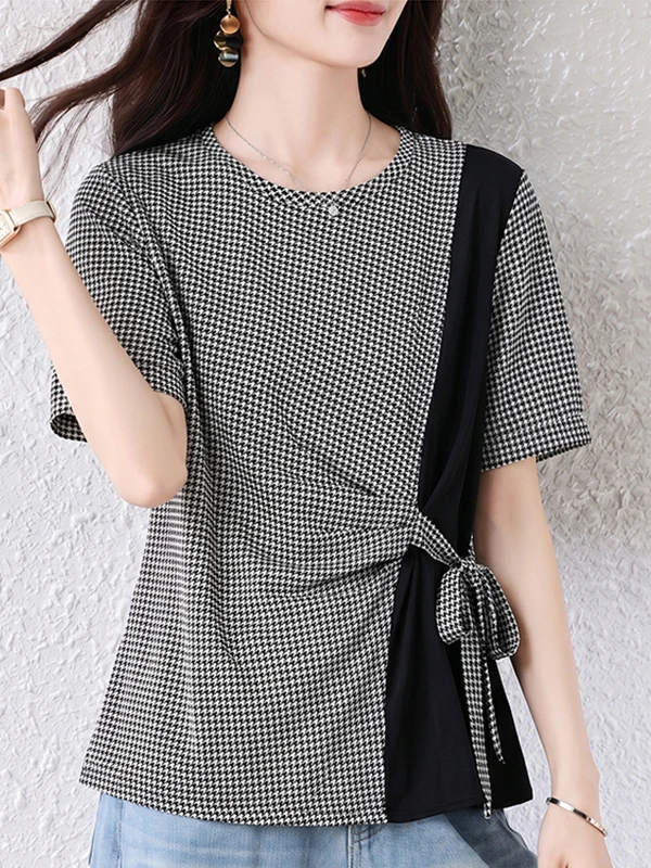 Summer 2026 Loose Fit Plaid T-Shirt Color Block Short Sleeve round Neck Ribbon Tie Women's plus Size Top Casual Commute Style
Summer 2026 Loose Fit Plaid T-Shirt Color Block Short Sleeve round Neck Ribbon Tie Women's plus Size Top Casual Commute Style