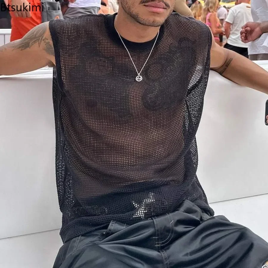 2025 Summer Streetwear Men's Sexy Hollow Out Tank Tops Knitted O-neck Mesh See Sheer Sleeveless Tops Male Loose Casual T-shirts
2025 Summer Streetwear Men's Sexy Hollow Out Tank Tops Knitted O-neck Mesh See Sheer Sleeveless Tops Male Loose Casual T-shirts