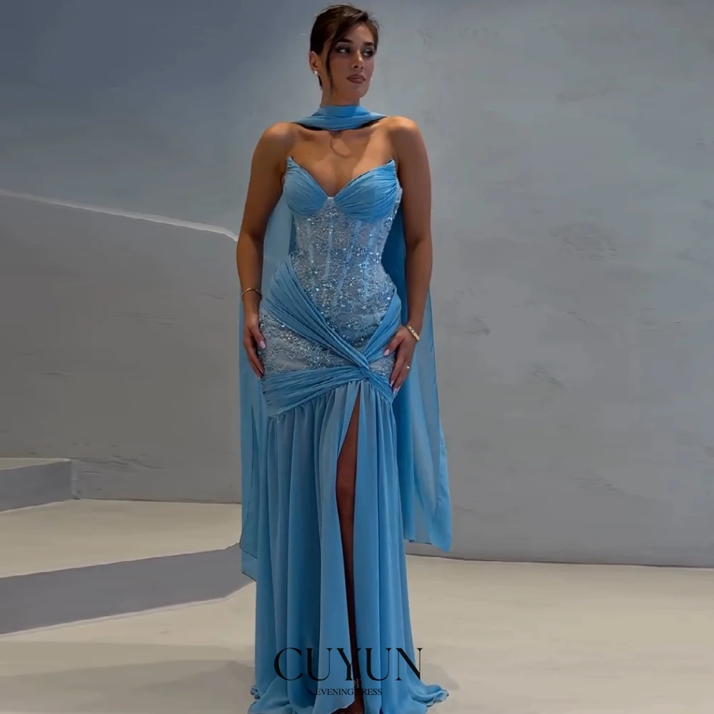 CUYUN 2025 Luxury Evening Dresses Blue Lace and Chiffon Women Formal Dress Customized High Slit Strapless Prom Gown Party Dress
CUYUN 2025 Luxury Evening Dresses Blue Lace and Chiffon Women Formal Dress Customized High Slit Strapless Prom Gown Party Dress