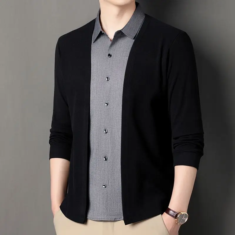 Fashion Spring Autumn Men Shirts Lapel Single Breasted Business Slim Long Sleeve Fake Two Pieces Knitted Cardigan Tops JJ214
Fashion Spring Autumn Men Shirts Lapel Single Breasted Business Slim Long Sleeve Fake Two Pieces Knitted Cardigan Tops JJ214